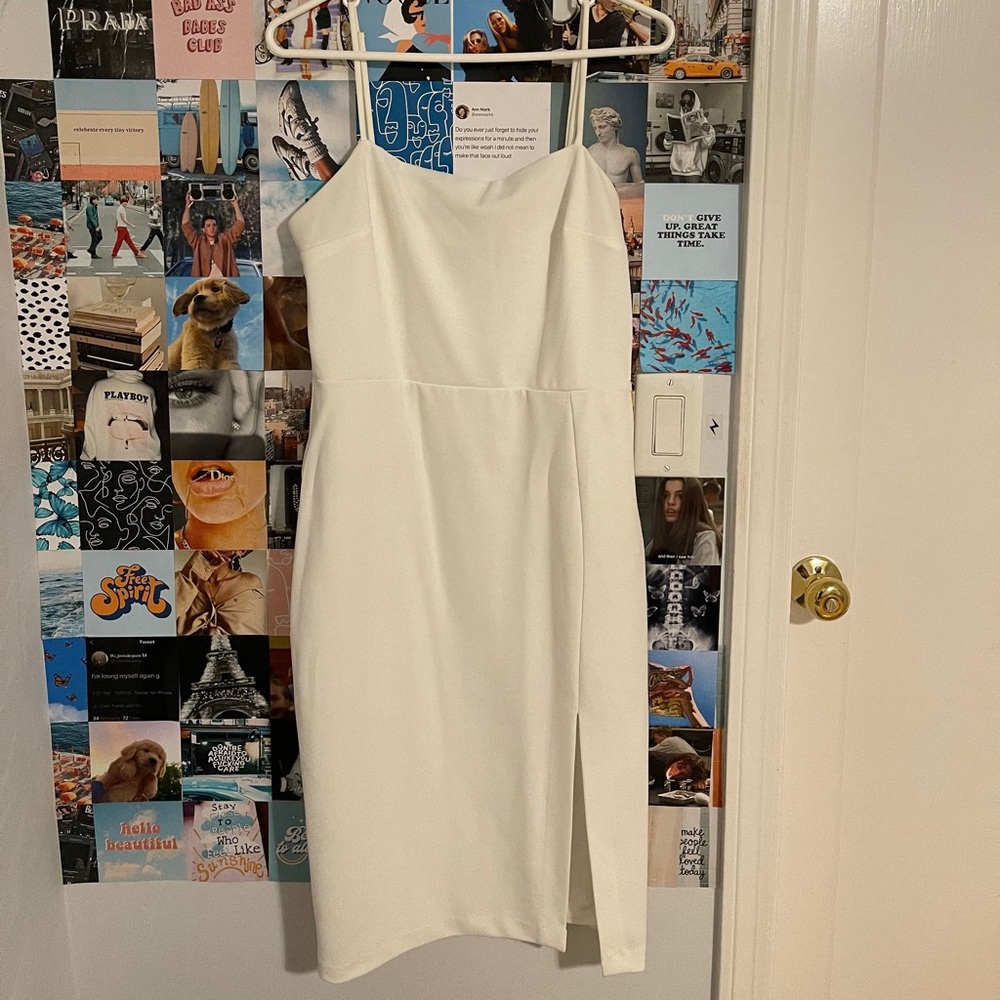 White Knee Length Strap Dress with slit